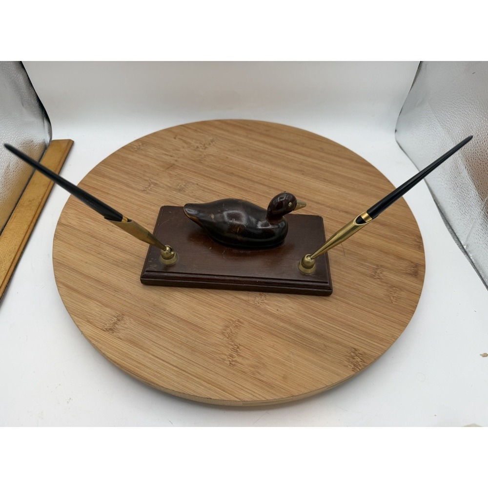 Vintage Pen Holder Desk Set -wooden Duck With Brass Beak And 2‎ Pens UCGC Taiwan